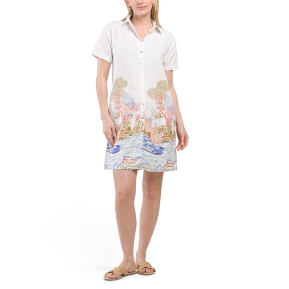 CYNTHIA ROWLEY Bright White Linen Blend Short Sleeve Mini Shirt Dress - Picture 1 of 2